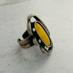 Vintage Modernist Brutalist Ring - 800 Silver and Yellow Fired Enamel Center