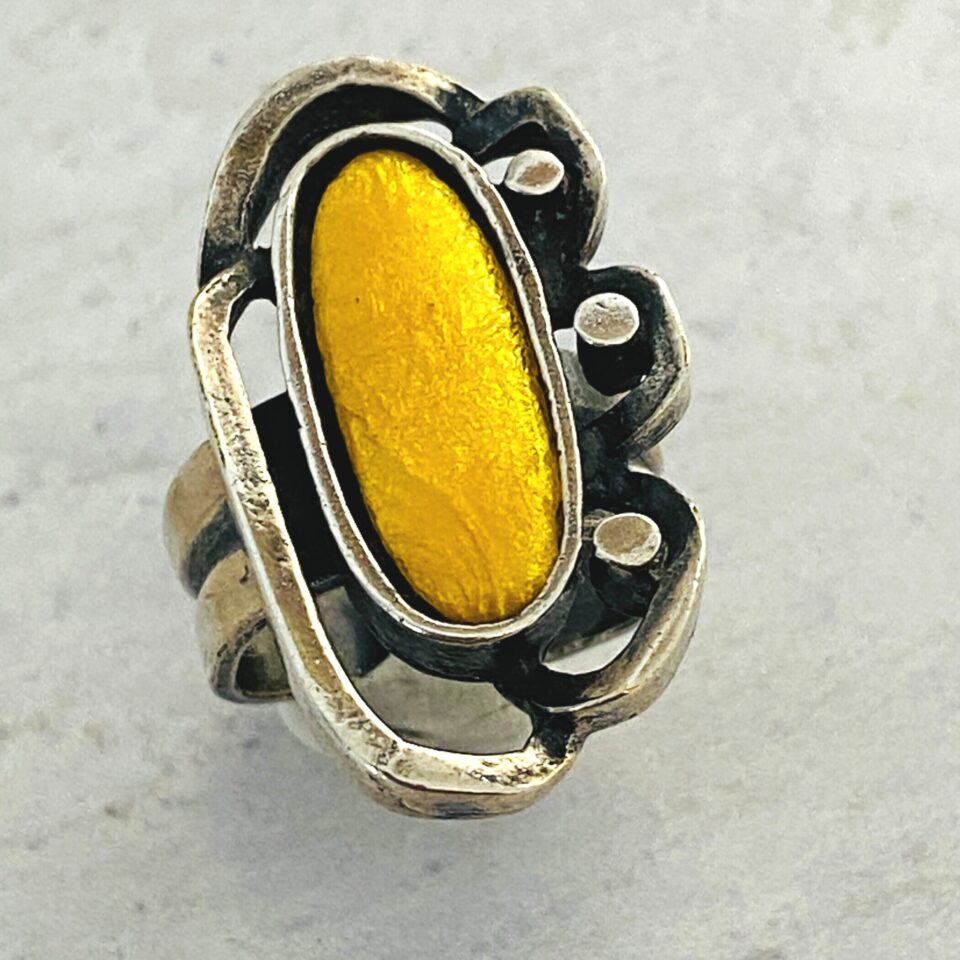 Vintage Modernist Brutalist Ring - 800 Silver and Yellow Fired Enamel Center