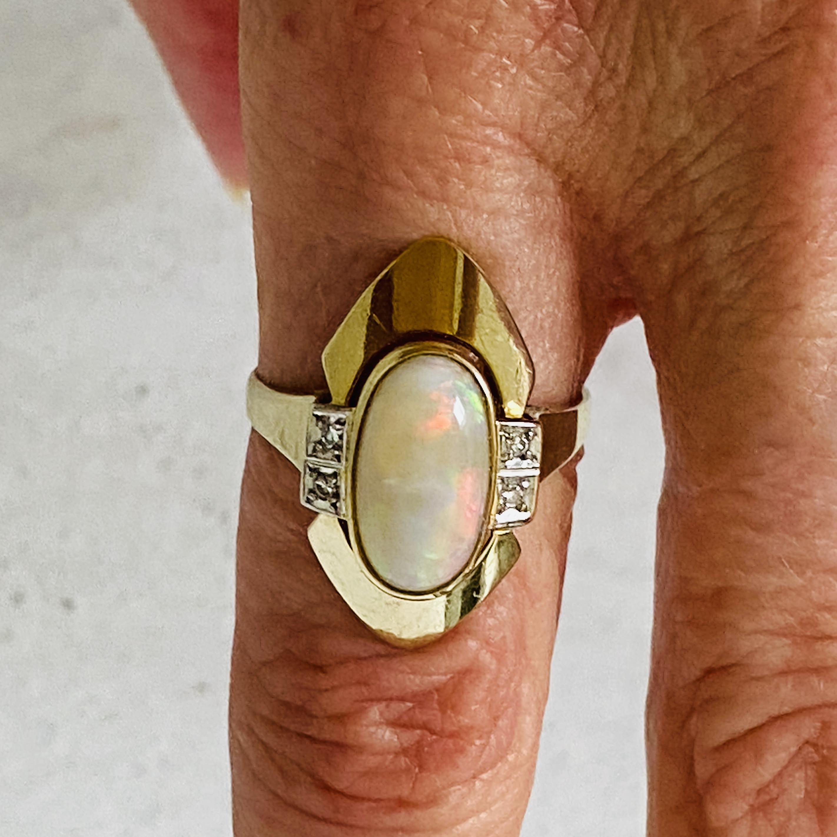 Natural Opal 14k Gold Modernist Ring with Diamond Accents
