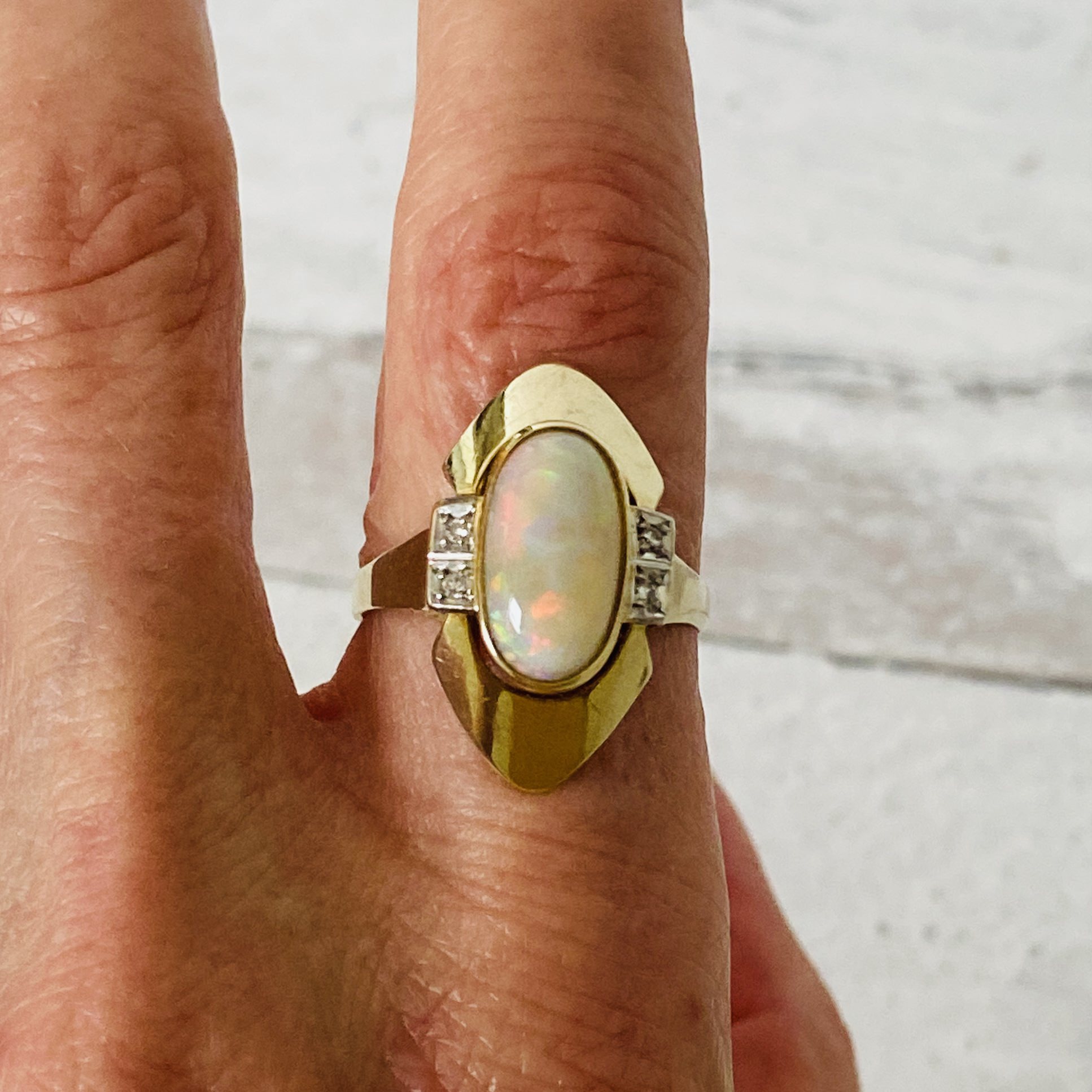 Natural Opal 14k Gold Modernist Ring with Diamond Accents