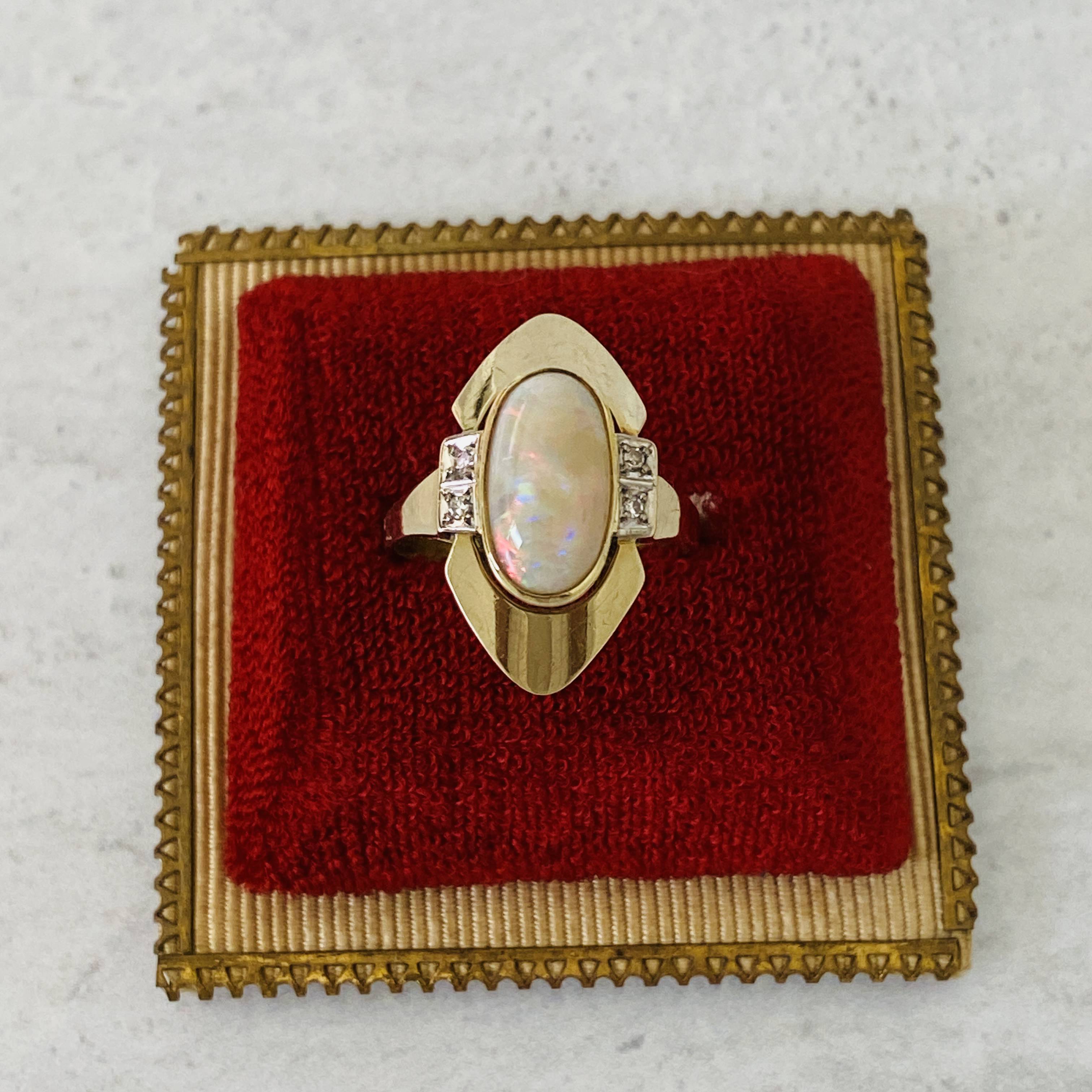 Natural Opal 14k Gold Modernist Ring with Diamond Accents