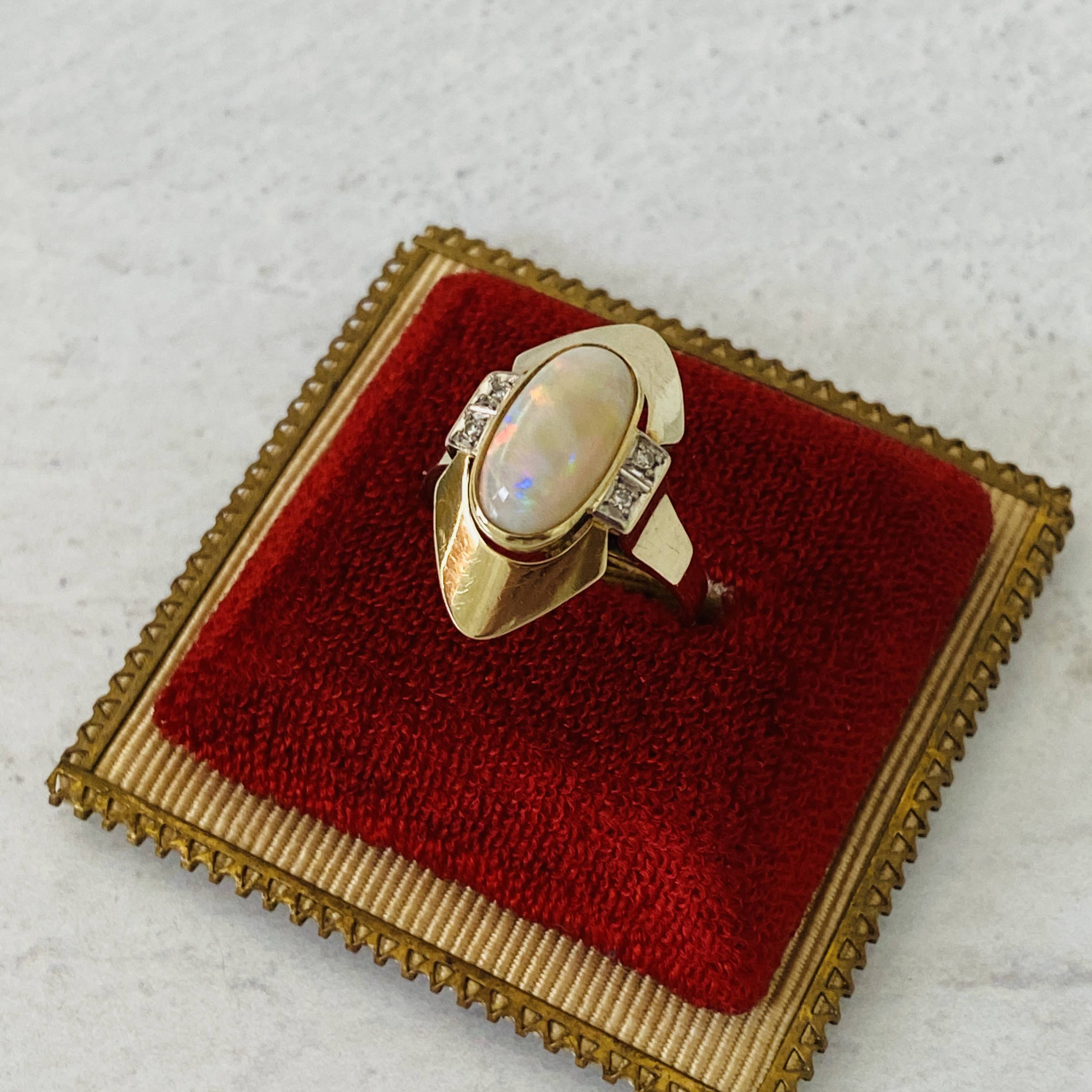 Natural Opal 14k Gold Modernist Ring with Diamond Accents