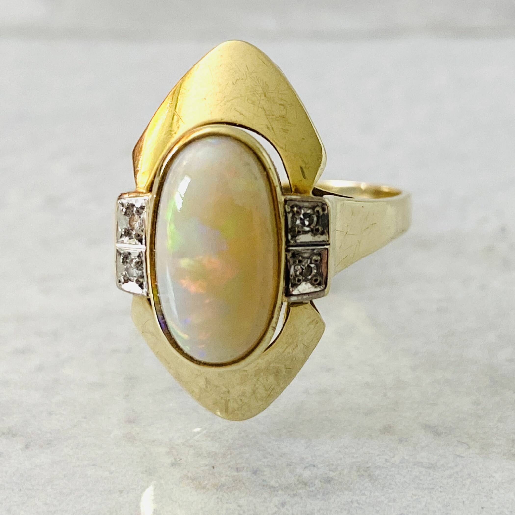 Natural Opal 14k Gold Modernist Ring with Diamond Accents