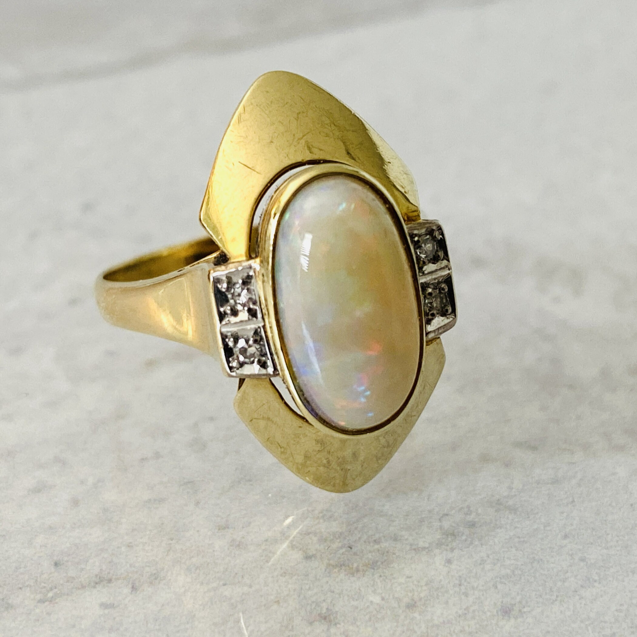 Natural Opal 14k Gold Modernist Ring with Diamond Accents