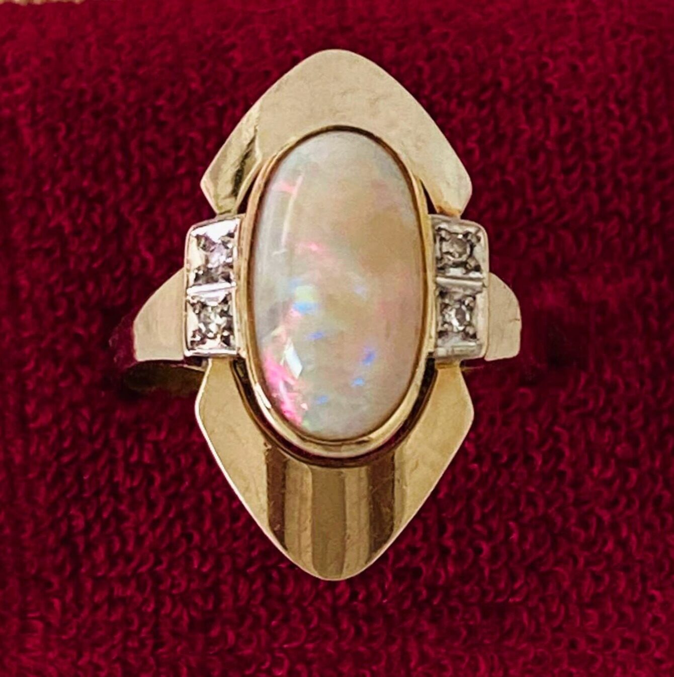 Natural Opal 14k Gold Modernist Ring with Diamond Accents
