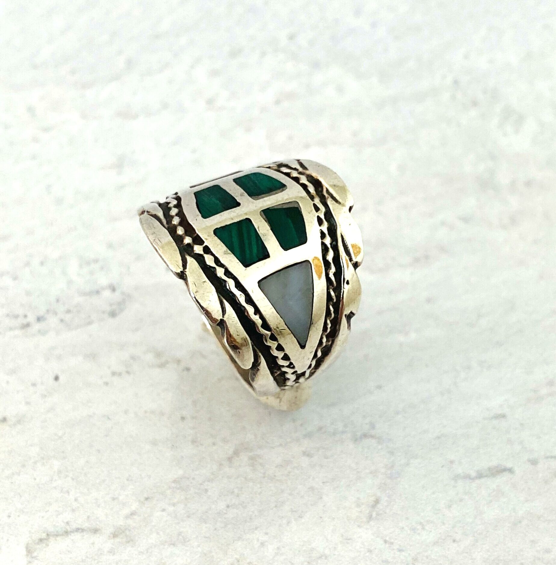 Malachite and Mother of Pearl Inlay Silver Ring