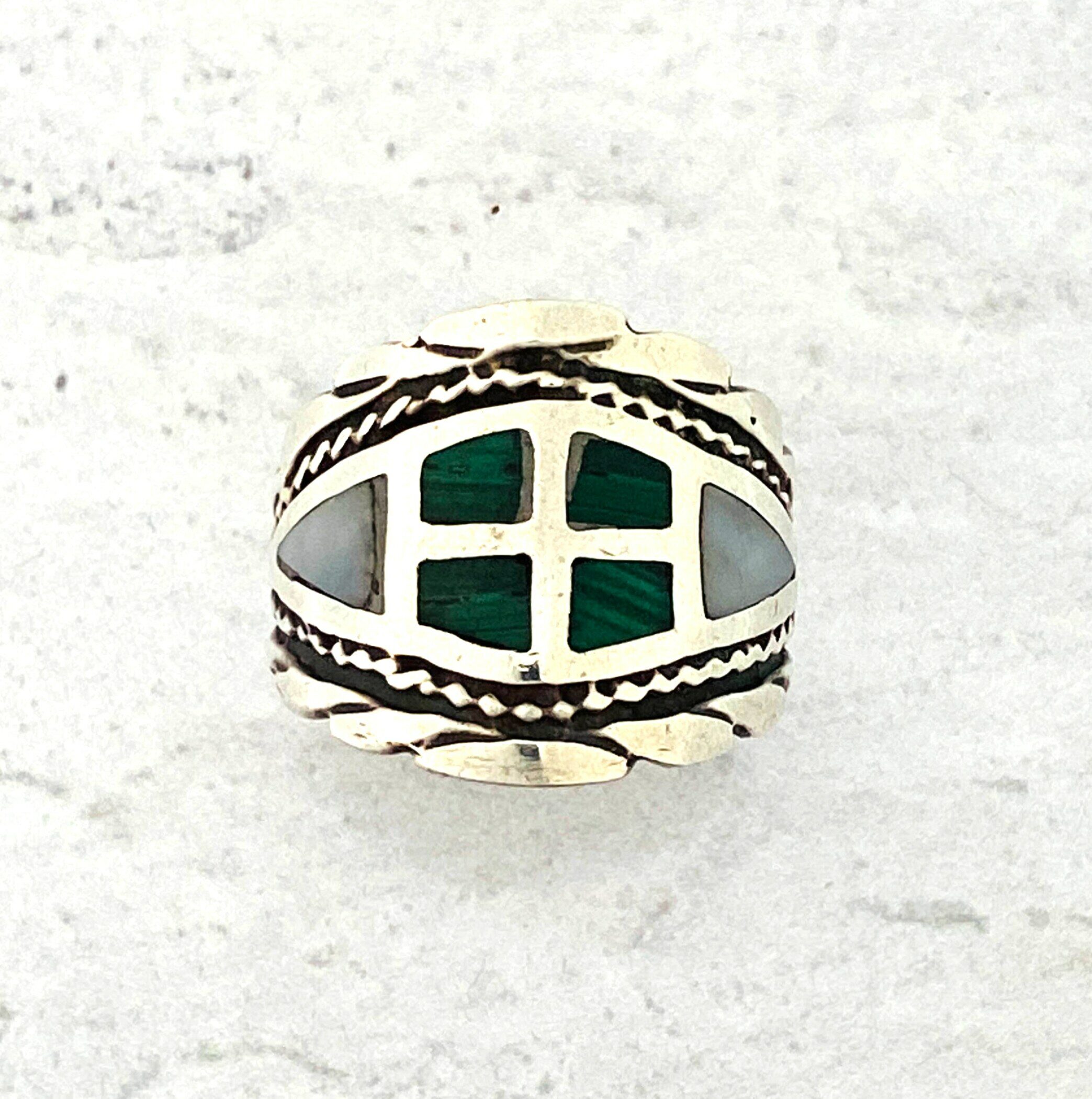 Malachite and Mother of Pearl Inlay Silver Ring