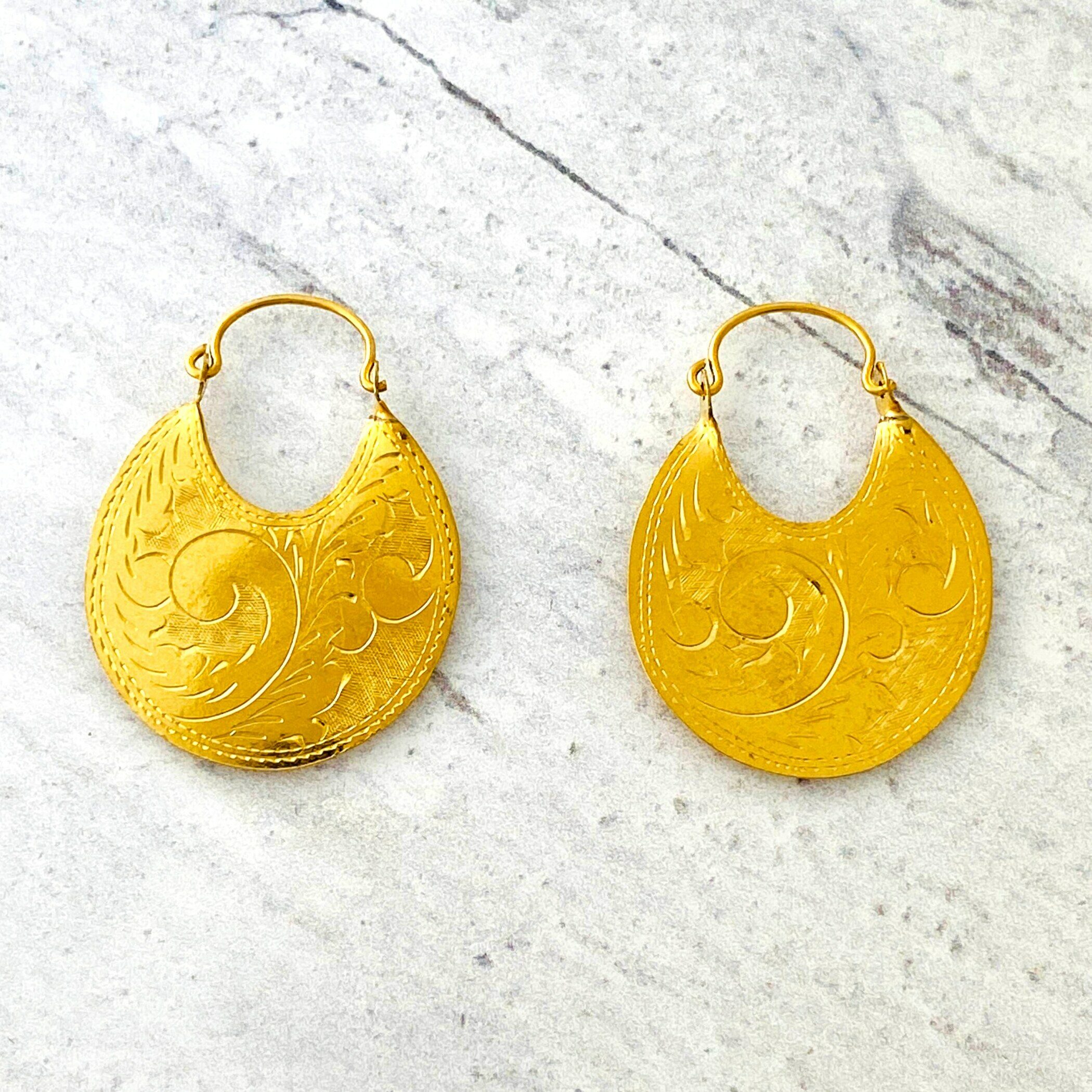 Vintage Hand Engraved Gold Hoop Earrings