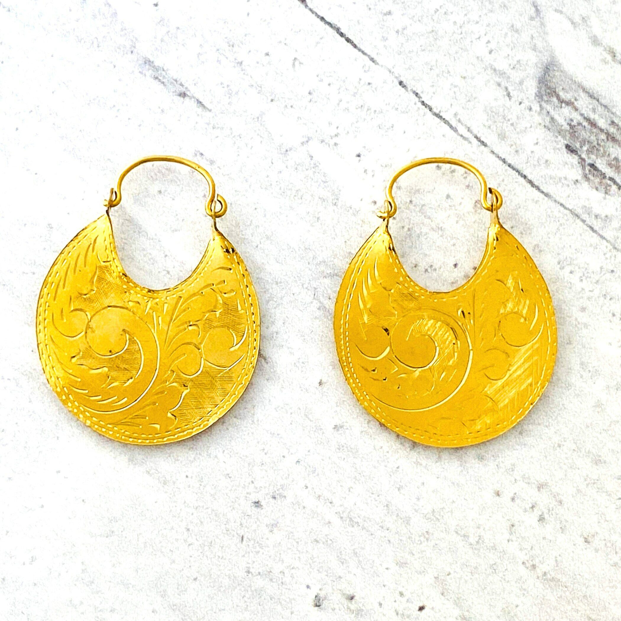 Vintage Hand Engraved Gold Hoop Earrings
