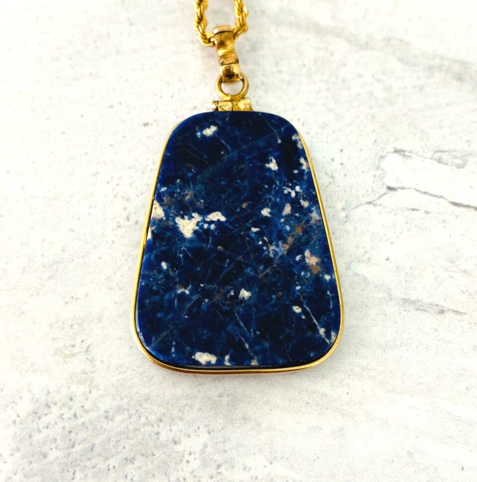 Large Sodalite Slice Gold Filled Pendant Necklace Modernist Geometric