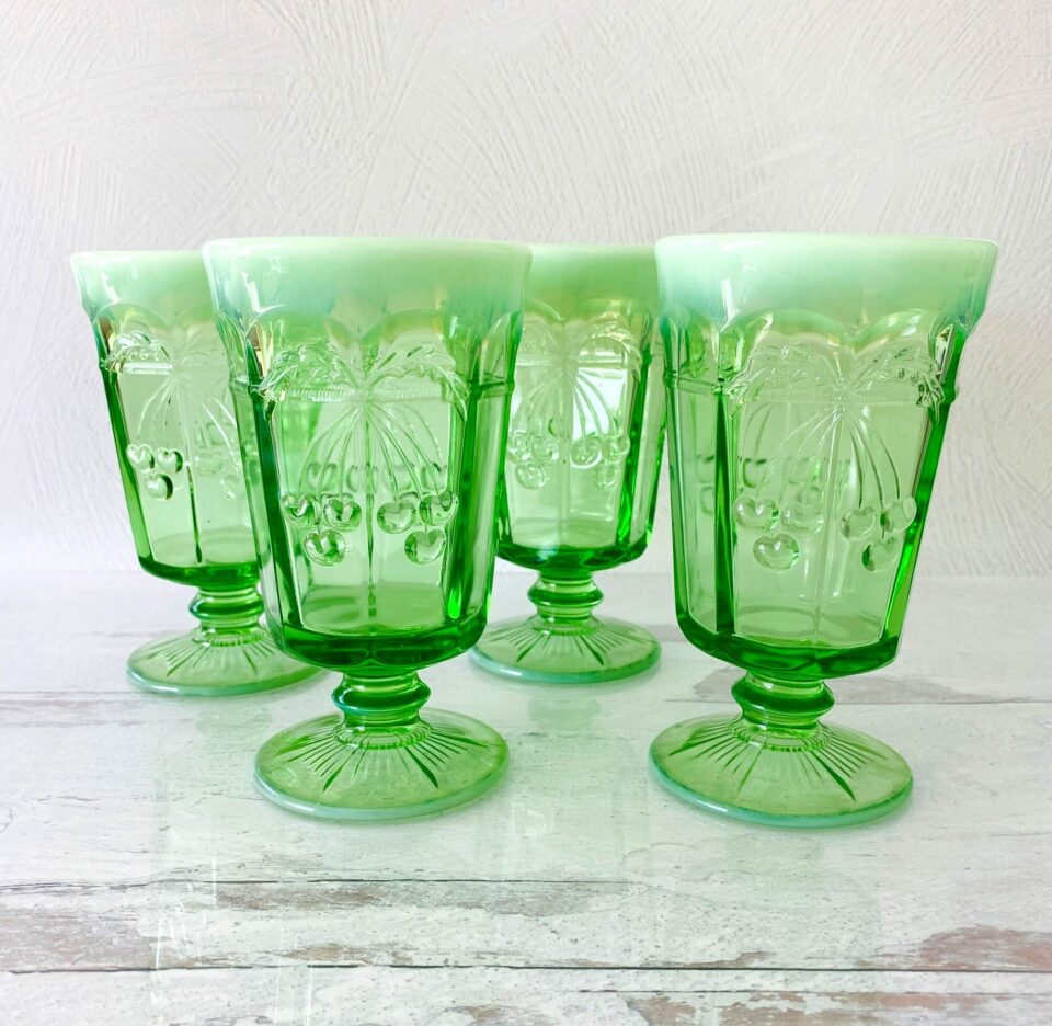 Mosser Green Opalescent Cherry and Cable Stemmed Drinking Glasses
