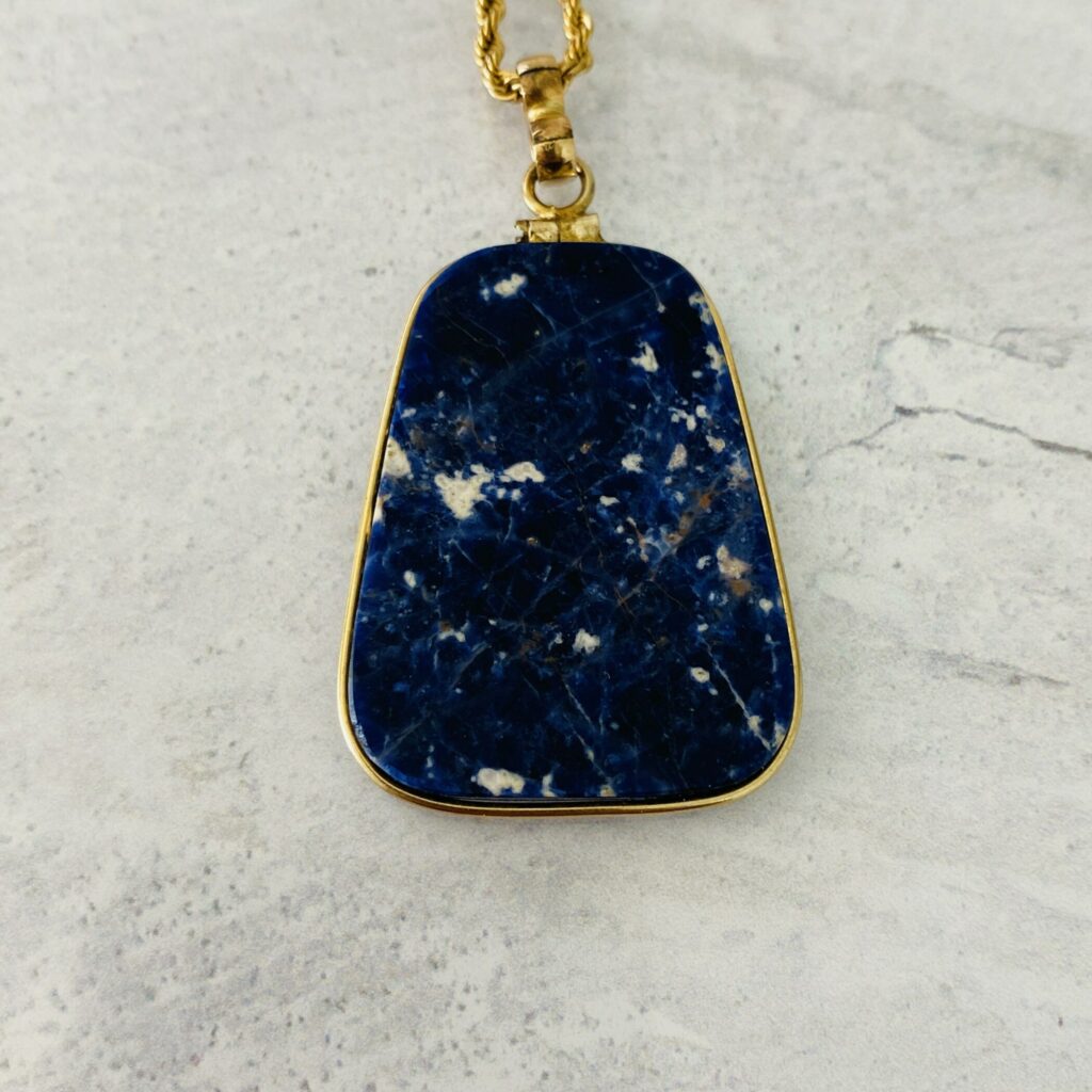 Large Sodalite Slice Gold Filled Pendant Necklace Modernist Geometric