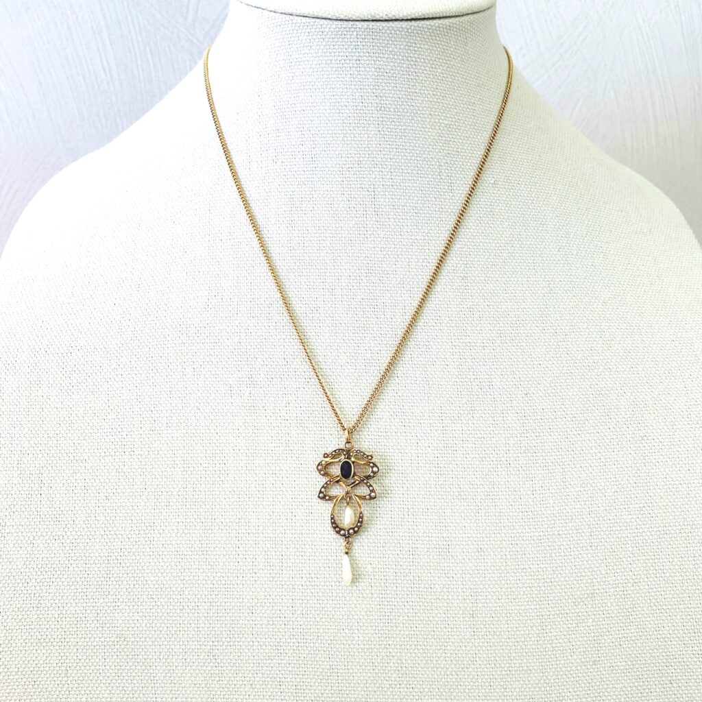 Antique Art Nouveau Lavalier Necklace - Gold, Garnet, and Natural Pearls