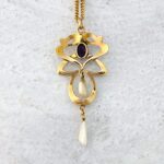 Antique Art Nouveau Lavalier Necklace - Gold, Garnet, and Natural Pearls
