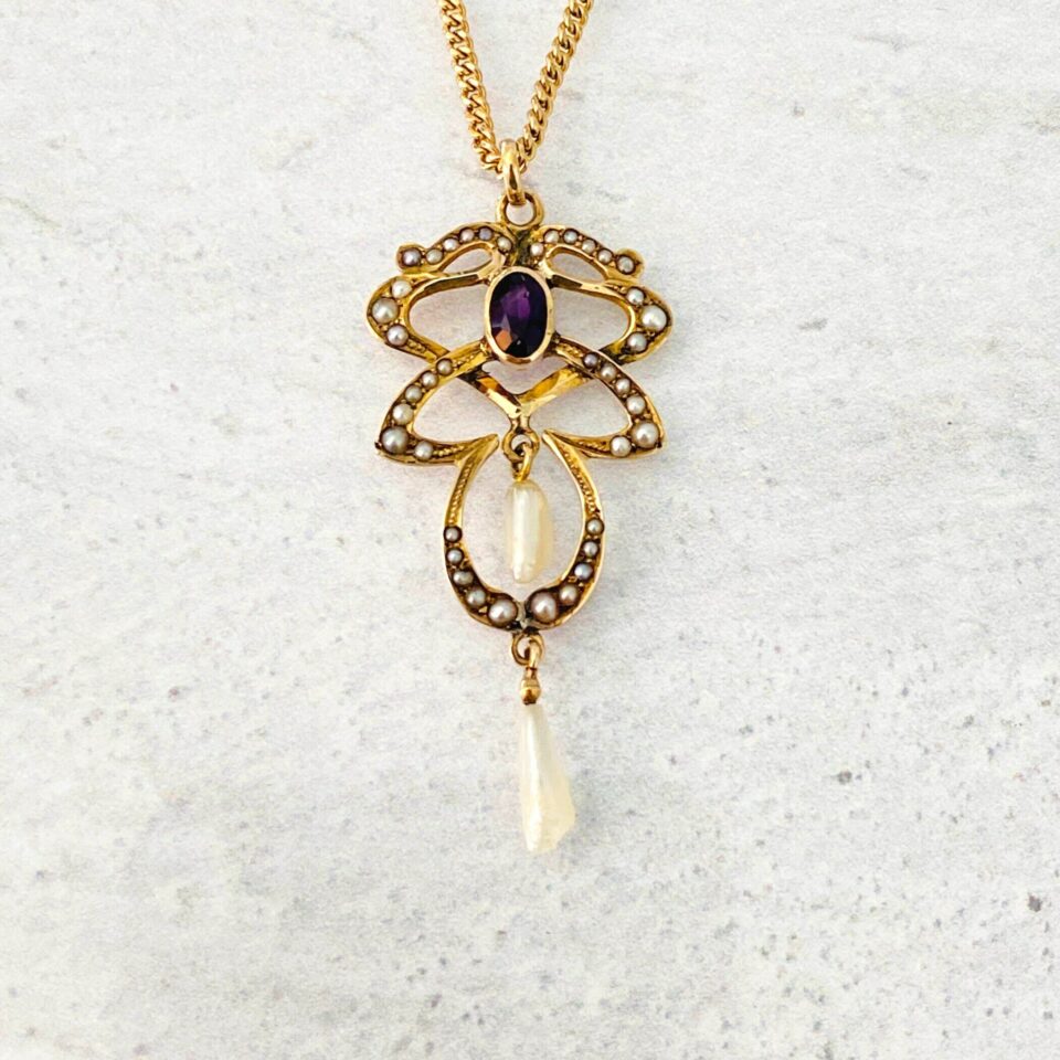 Art Nouveau Lavalier Necklace - Gold, Garnet, and Natural Pearls