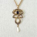 Antique Art Nouveau Lavalier Necklace - Gold, Garnet, and Natural Pearls