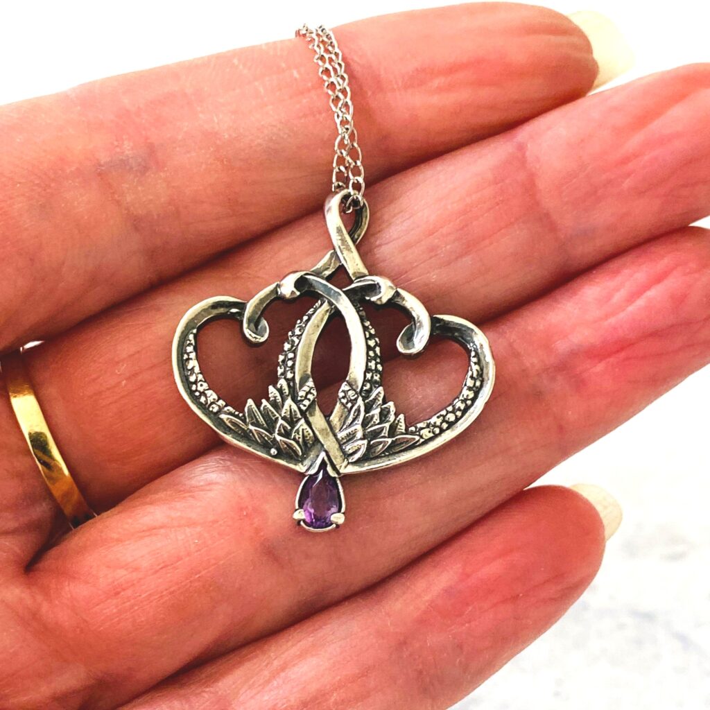 Double Heart Amethyst Celtic Pendant Necklace in Sterling Silver