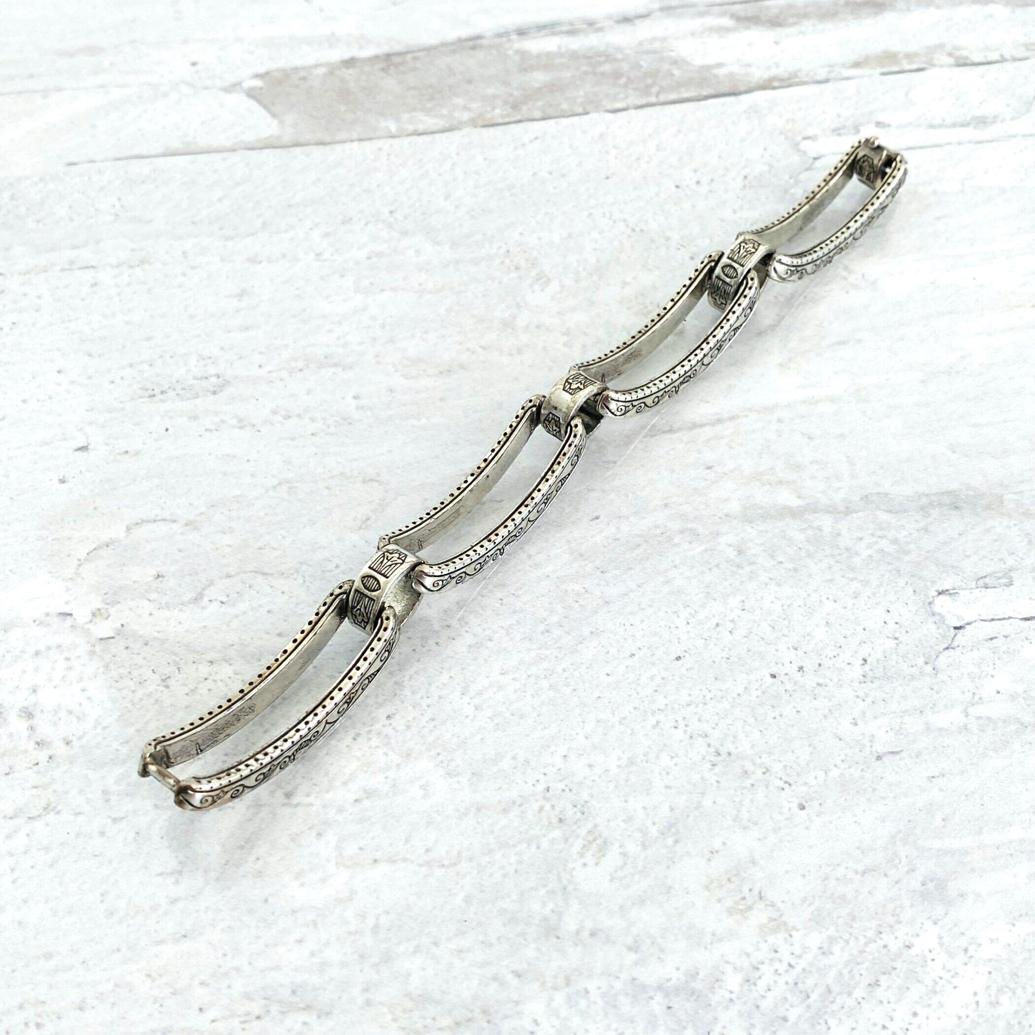 Large Engraved Links Silver Plate Bracelet