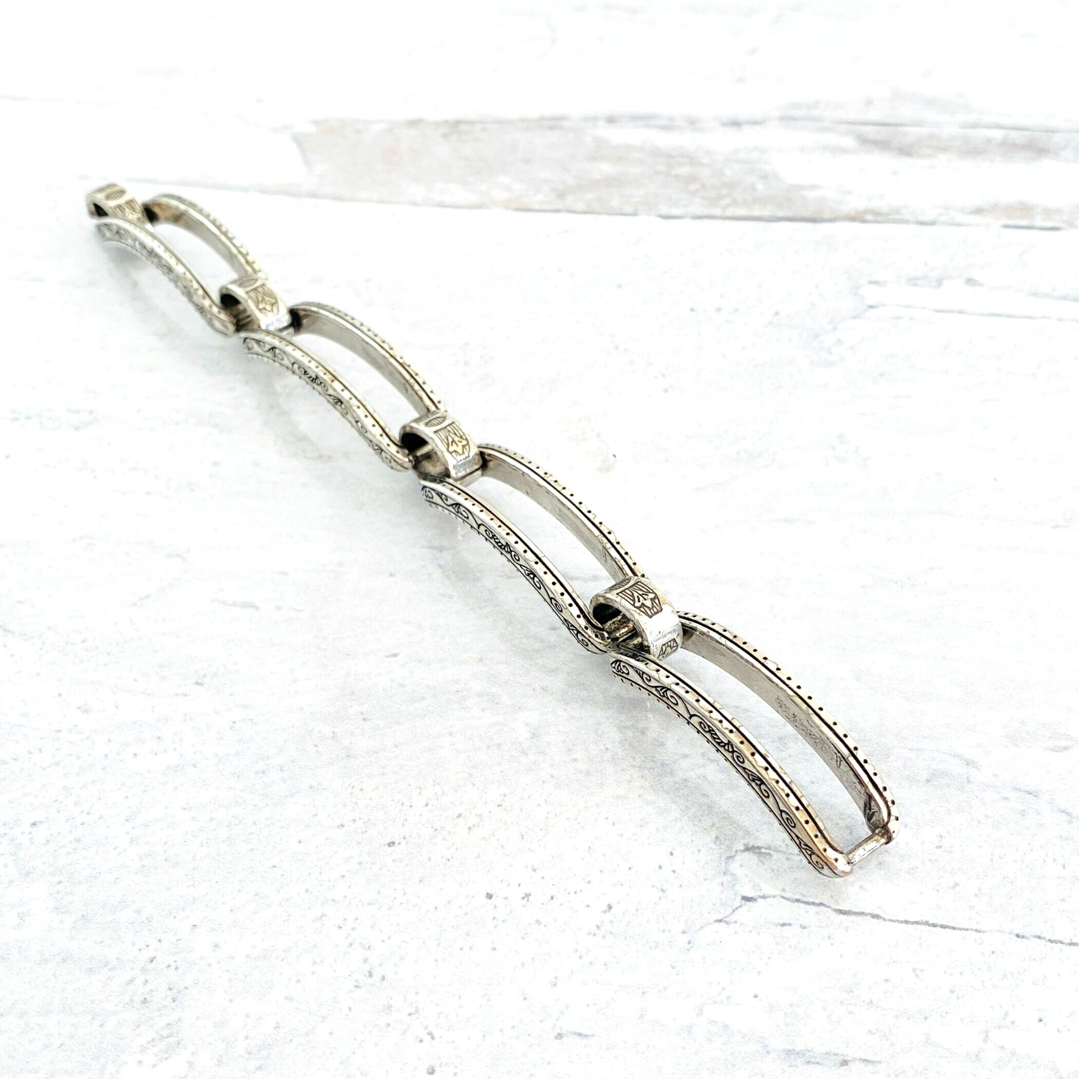 Large Engraved Links Silver Plate Bracelet