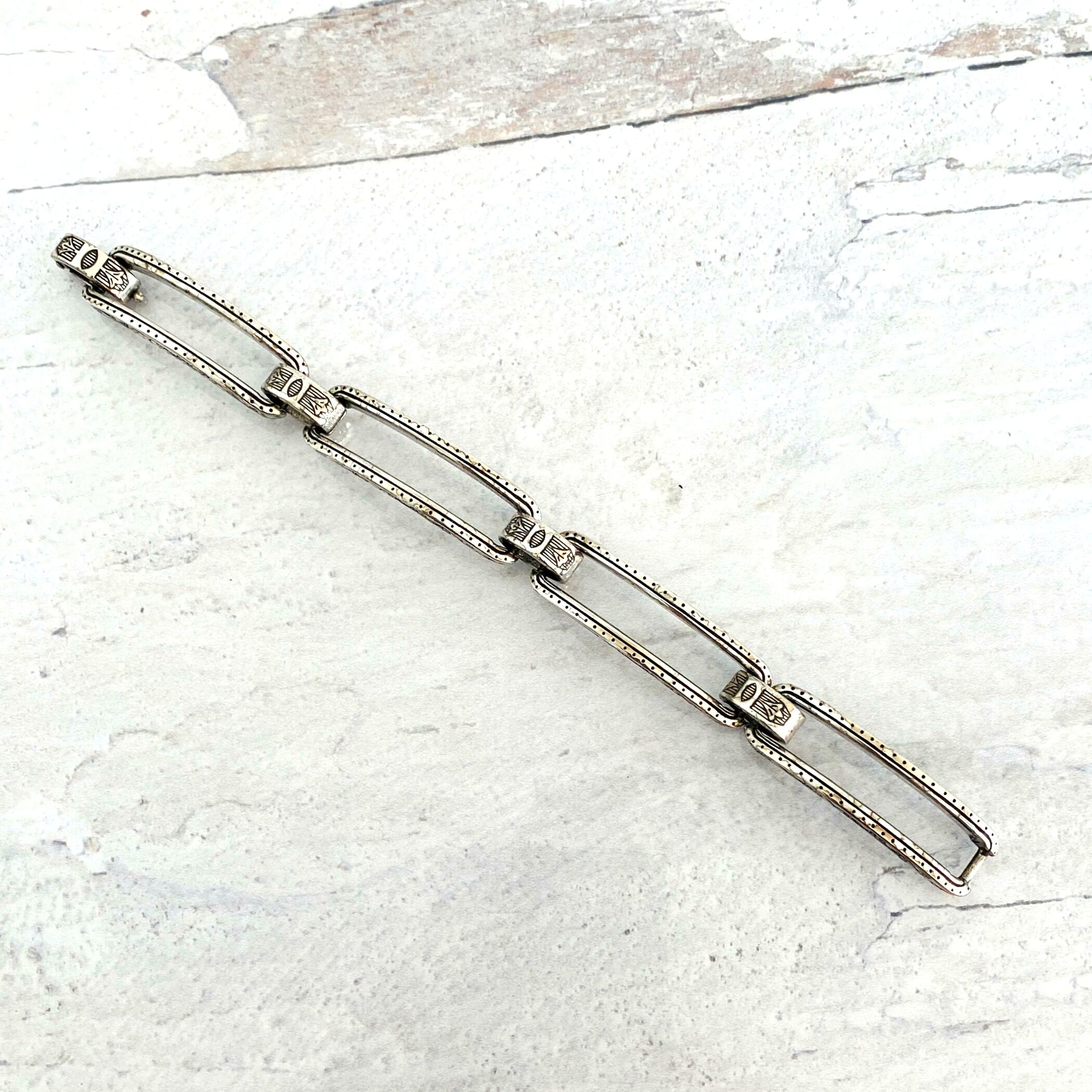 Large Engraved Links Silver Plate Bracelet