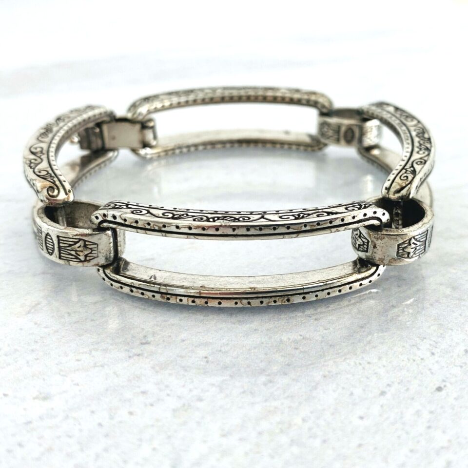 Large Engraved Links Silver Plate Bracelet