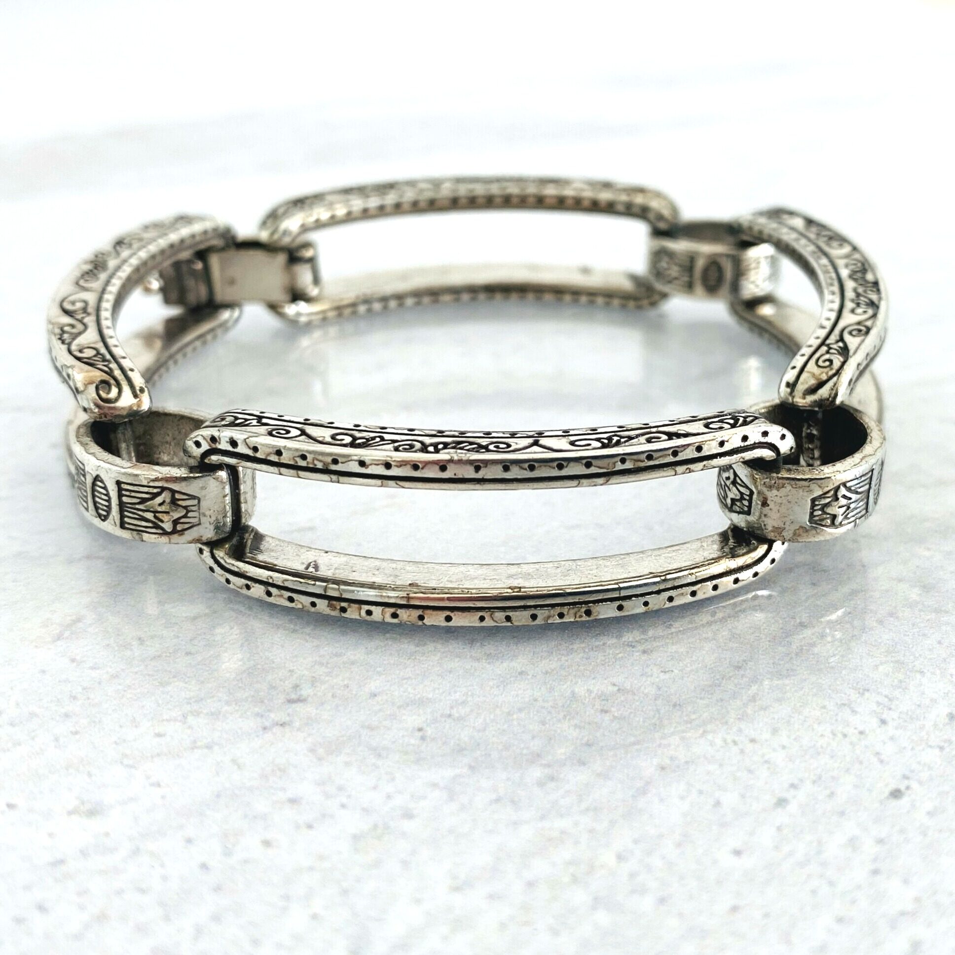 Large Engraved Links Silver Plate Bracelet