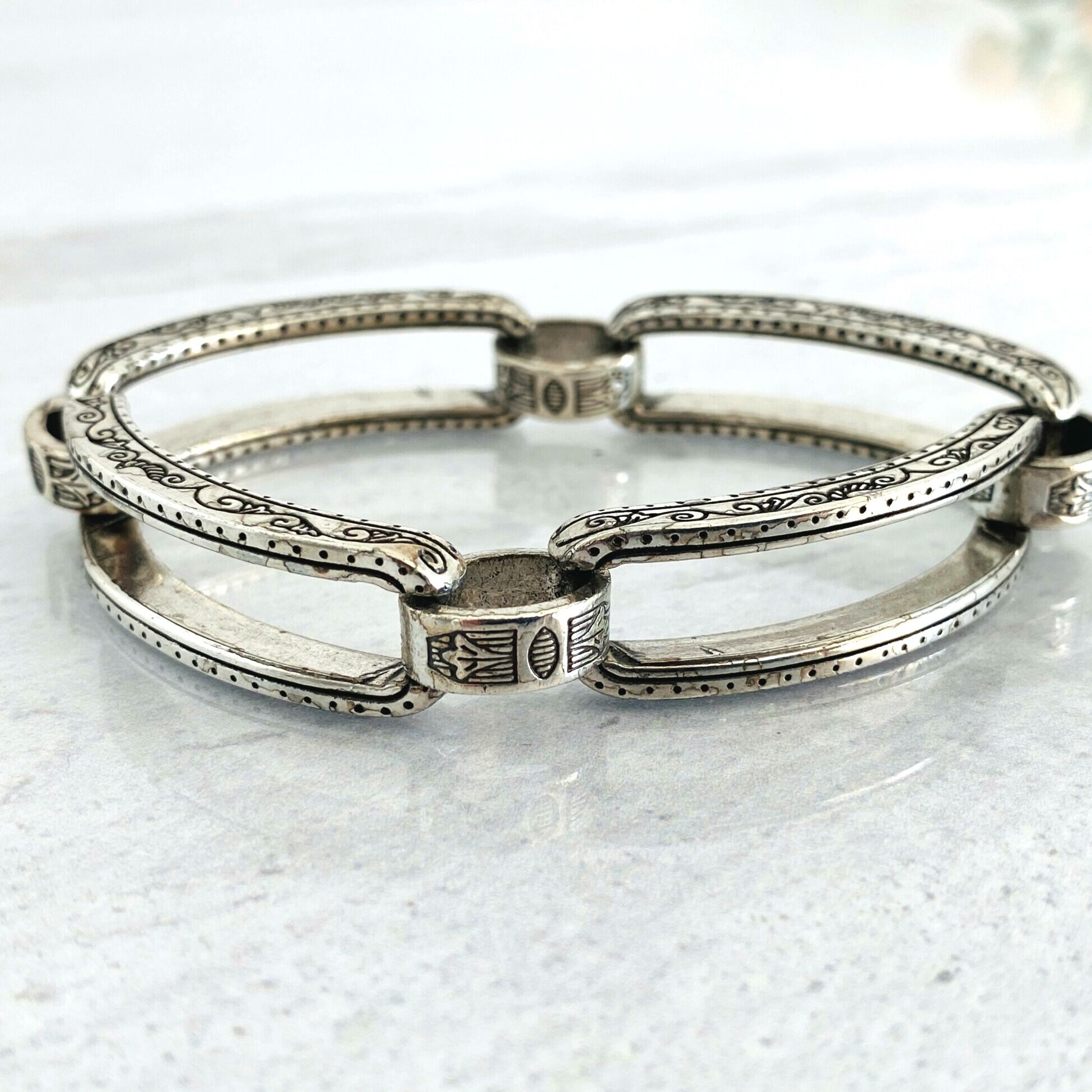 Large Engraved Links Silver Plate Bracelet