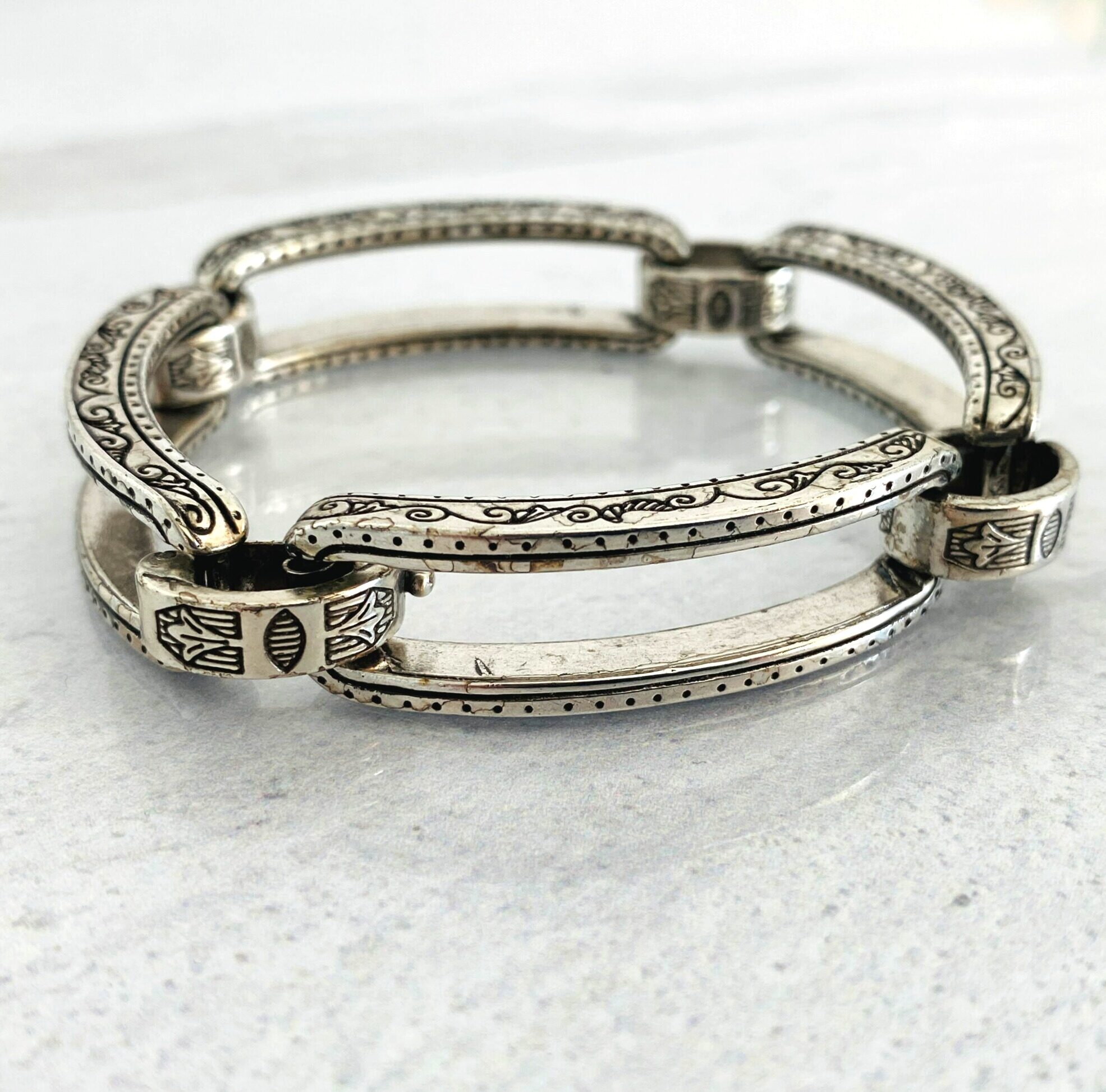 Large Engraved Links Silver Plate Bracelet
