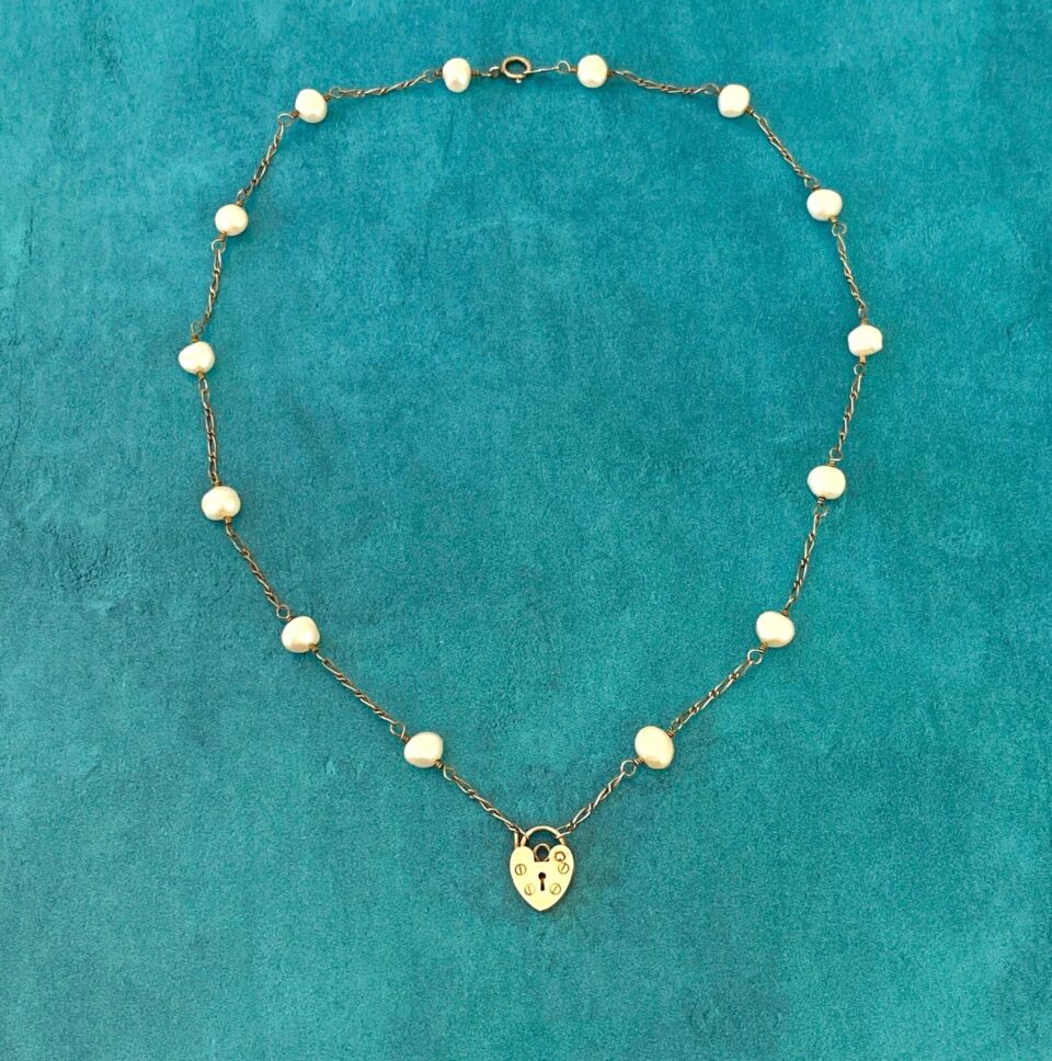 Pearl Station Chain Padlock Heart Sterling Necklace