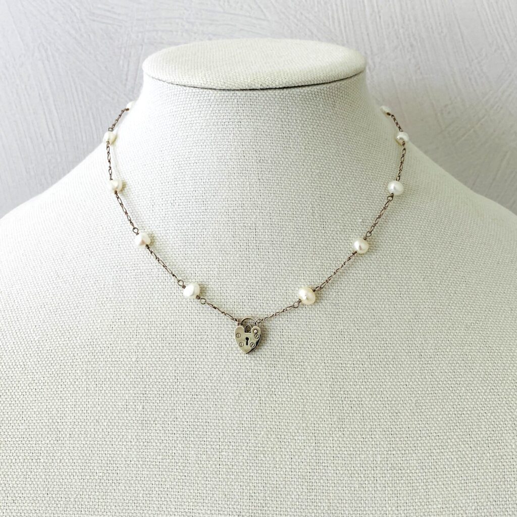 Pearl Station Chain Padlock Heart Sterling Necklace