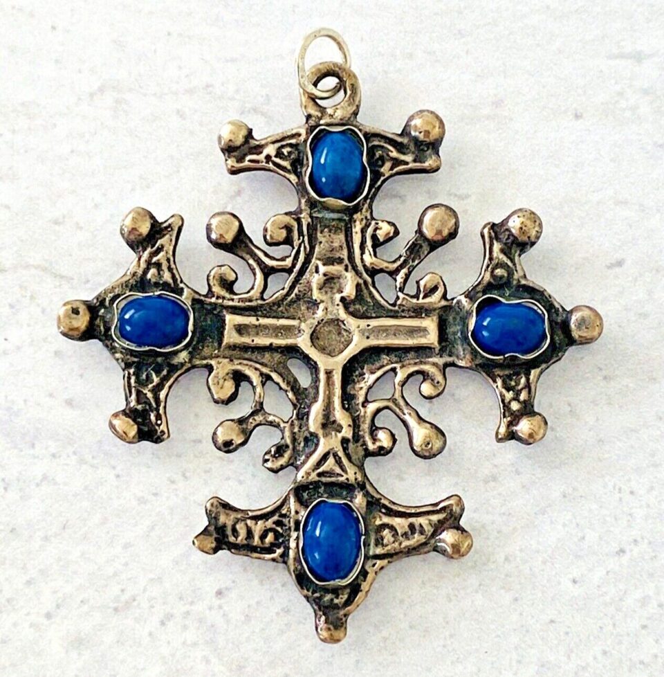 800 Silver Coptic Cross Pendant Faux Blue Lapis Cabs