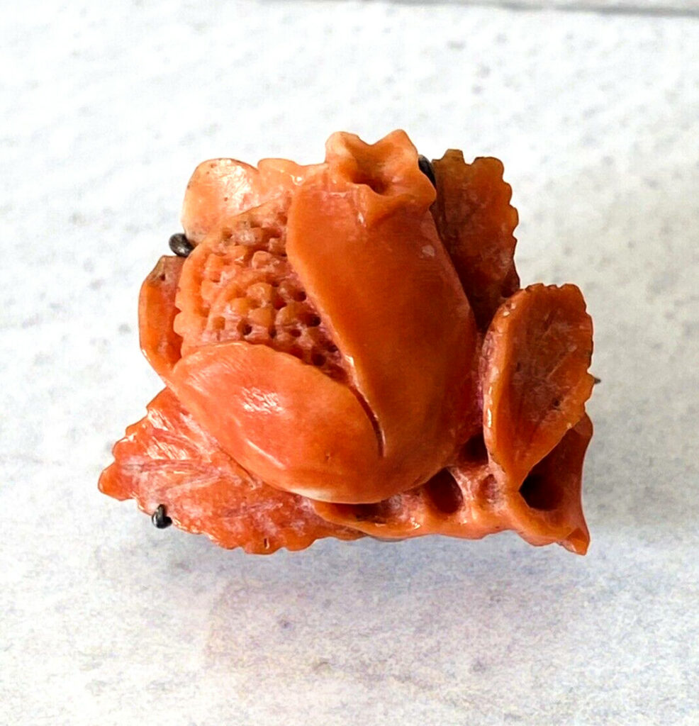 Antique Hand Carved Coral Flower Pin – Petite Salmon Pink – Early 1900s