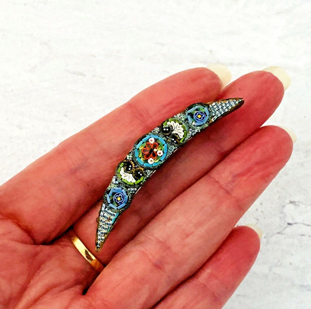 Micro Mosaic Crescent Moon Brooch Signed FAP Italy