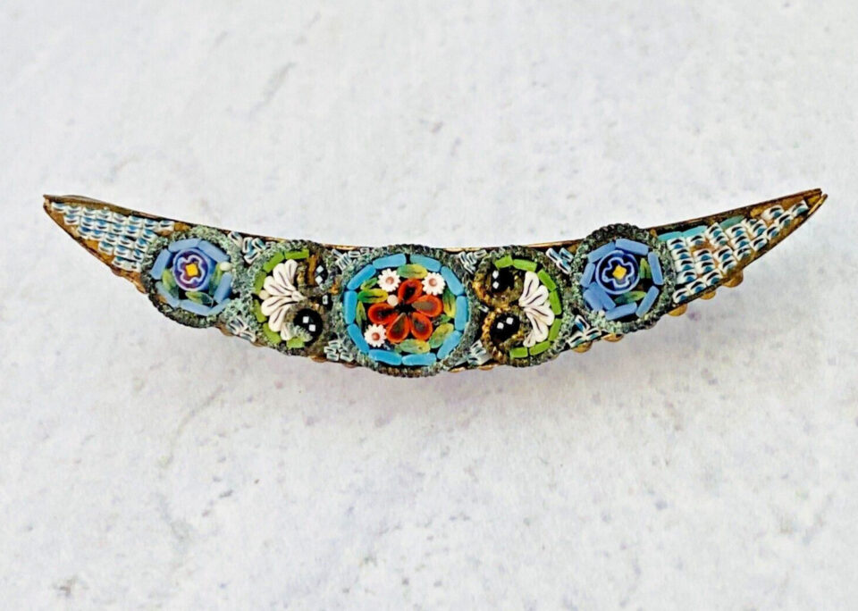 Micro Mosaic Crescent Moon Brooch Signed FAP Italy