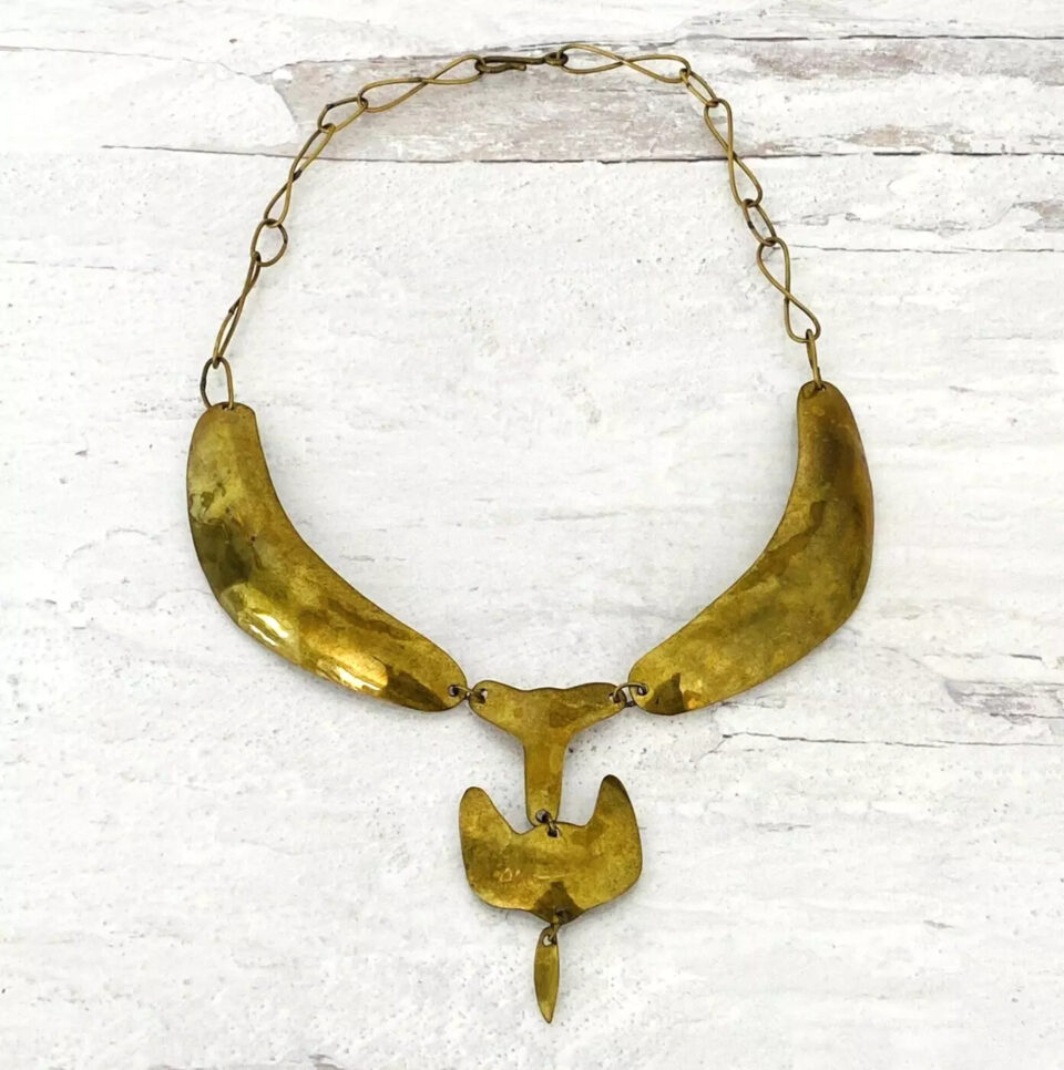 Vintage Modernist Brass Collar Necklace Hand Wrought Bib Studio Jewelry ca 1960s