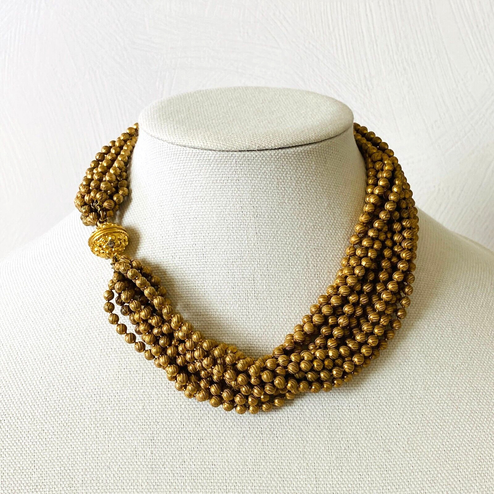 Vintage 12 Strand Textured Ball Chain Torsade Necklace - Gilded Metal