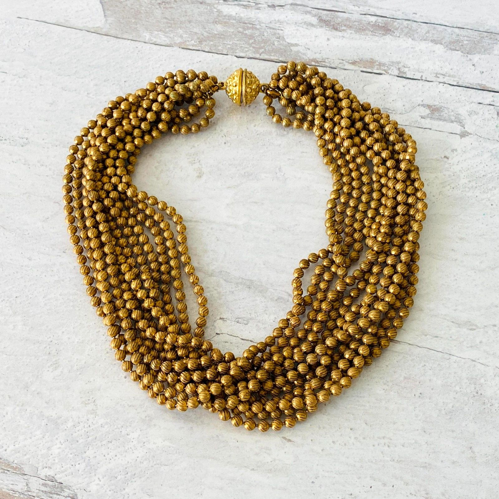 Vintage 12 Strand Textured Ball Chain Torsade Necklace - Gilded Metal
