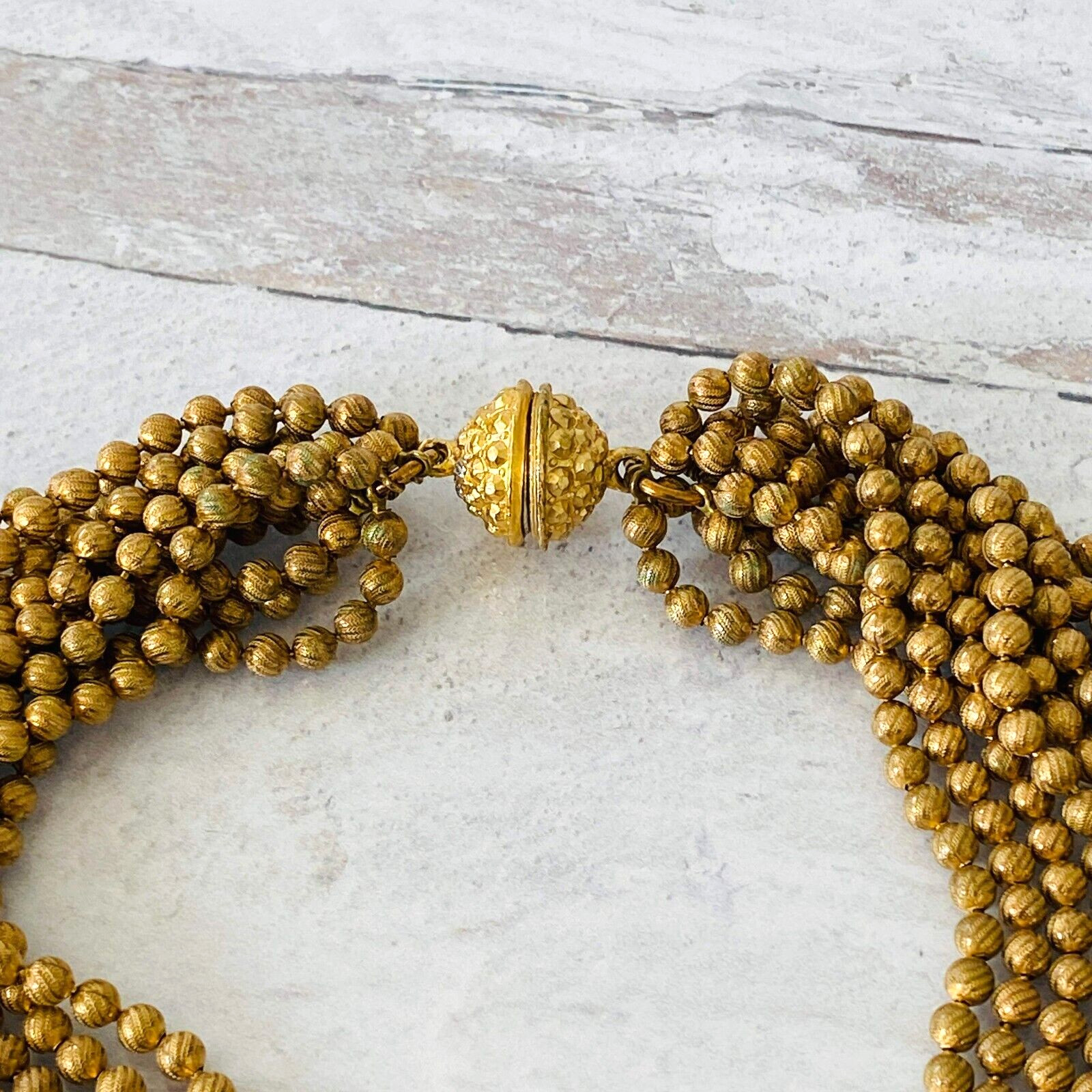 Vintage 12 Strand Textured Ball Chain Torsade Necklace - Gilded Metal