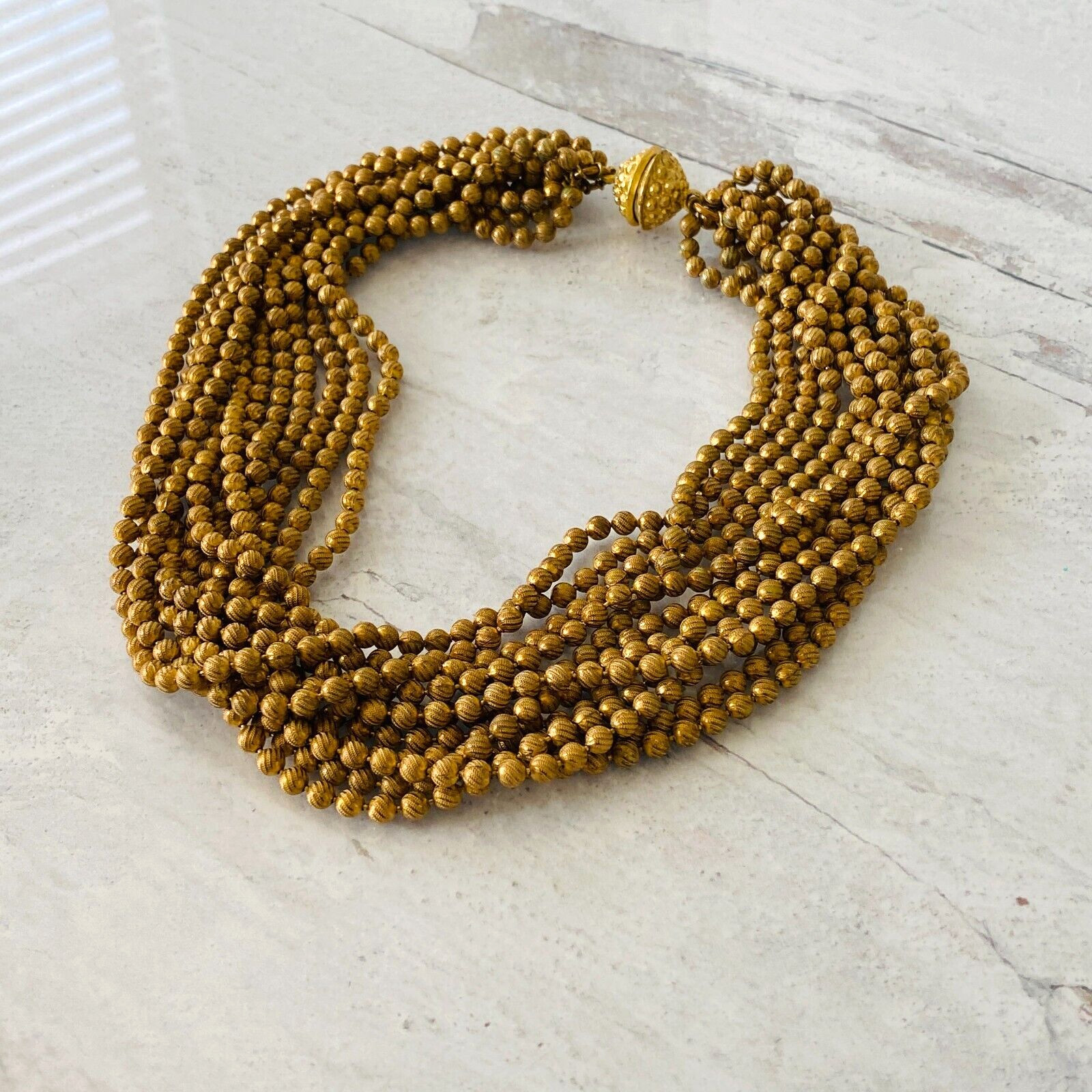 Vintage 12 Strand Textured Ball Chain Torsade Necklace - Gilded Metal