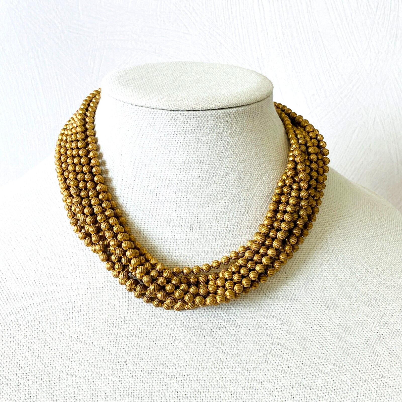 Vintage 12 Strand Textured Ball Chain Torsade Necklace - Gilded Metal