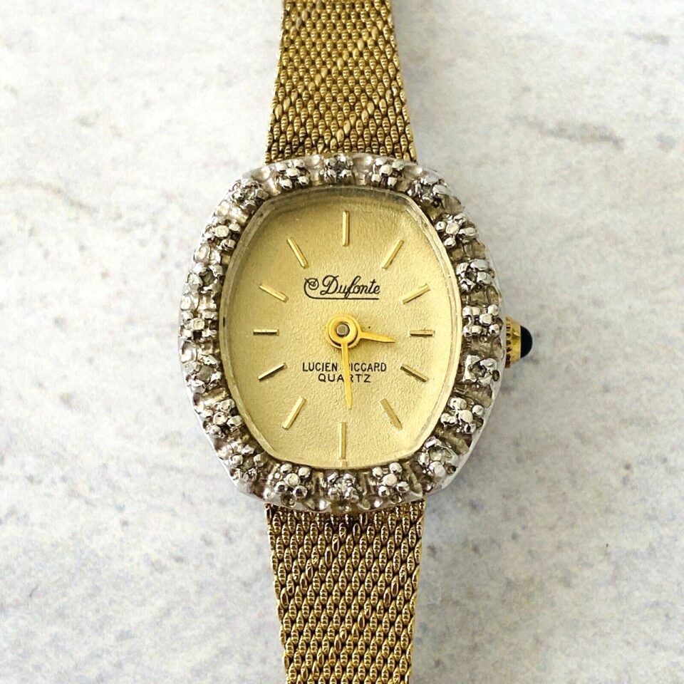 Dufonte Lucien Piccard Diamond Bezel Quartz Watch Gold Tone Ladies Jeweled Crown