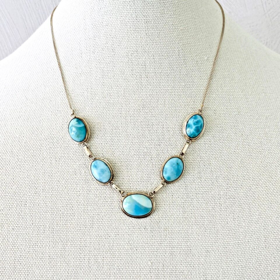 Larimar Cabochons Necklace 925 Sterling Silver Vintage
