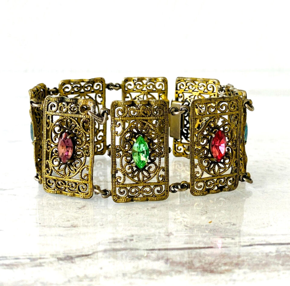 Vintage Filigree Panels Marquise Rhinestone Bracelet with Uranium Glass Marquise
