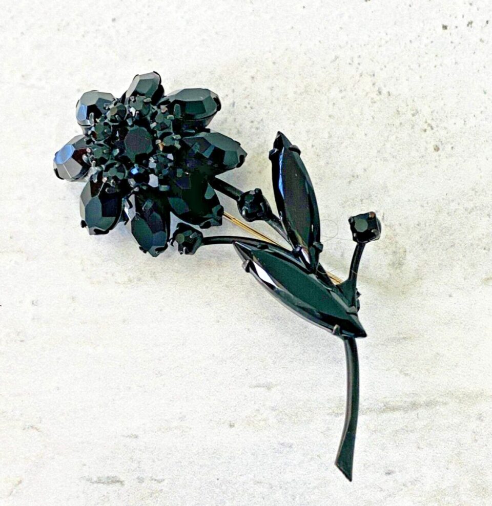 Vintage French Jet Black Dahlia Flower Brooch Pin Japanned Metal Rhinestones 3in
