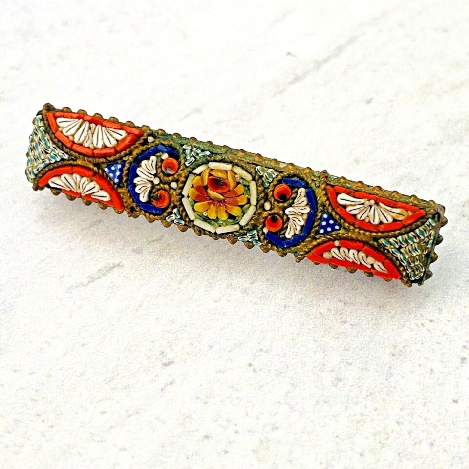 Vintage to Antique Micro Mosaic Rectangular Bar Pin Made in Italy Well Detailed