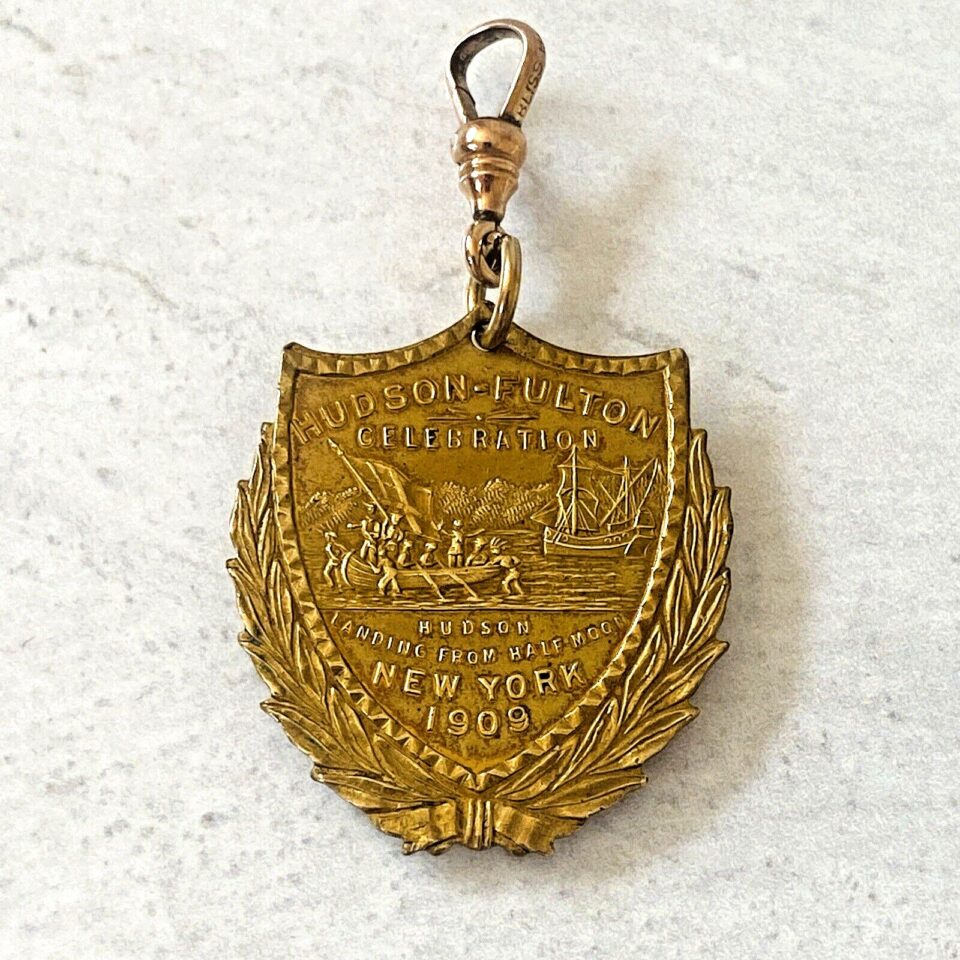 1909 Hudson-Fulton Celebration Medallion Fob Landing fr Half Moon NY Schwaab Mil