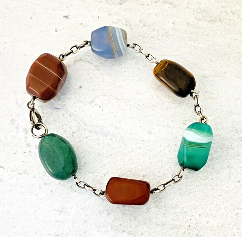 Modernist Sterling Silver Chunky Stone Pebbles Bracelet Jasper Tiger Eye Agate +