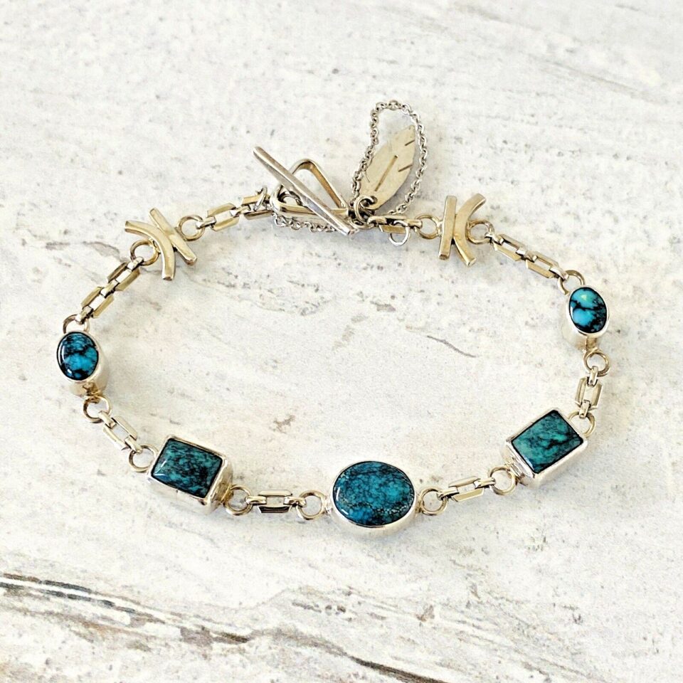 Vintage Spider Web Turquoise Sterling Silver Delicate Bracelet Feather Charm 6.5