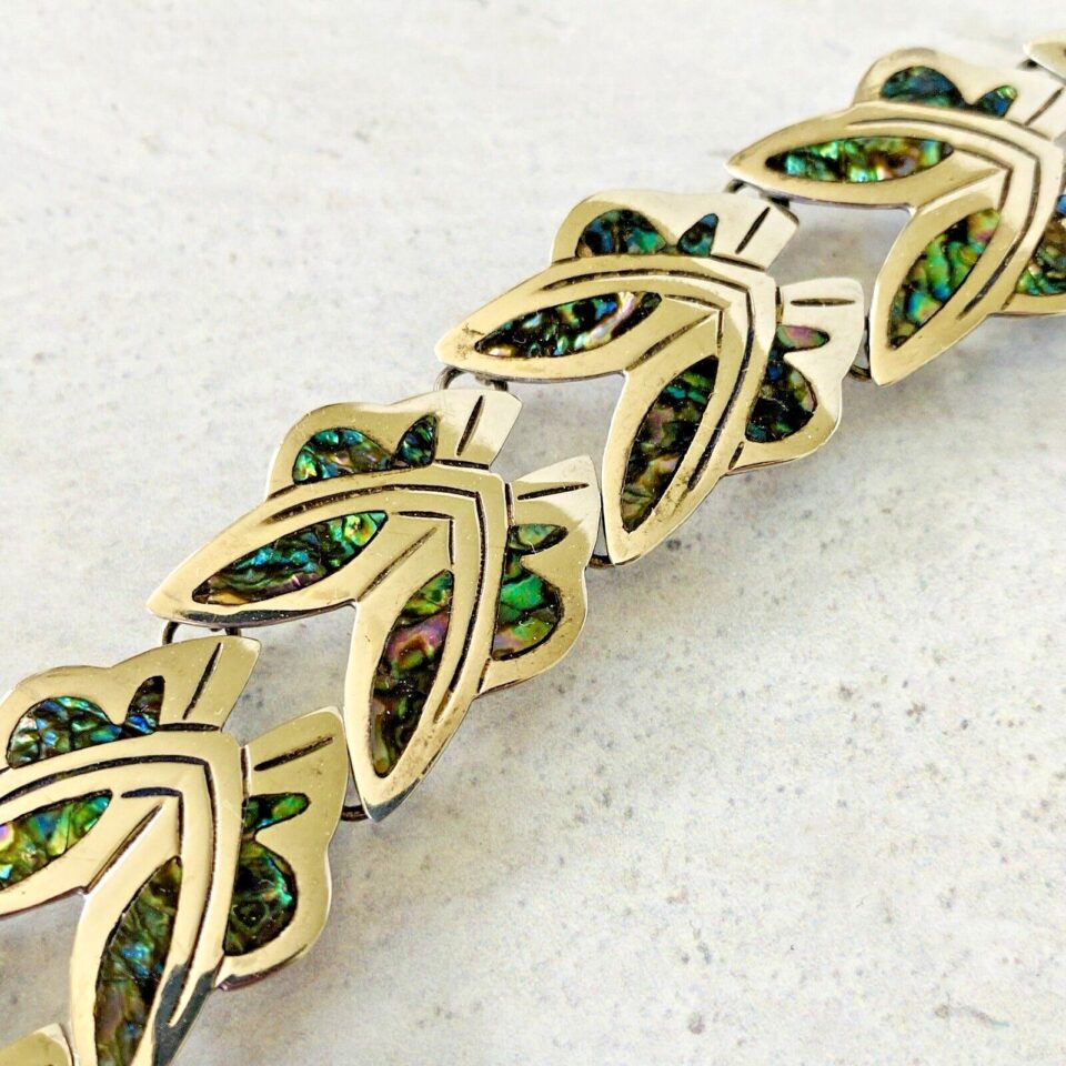 Vintage Signed Mexican Sterling Silver Abalone Inlay Bracelet Stylized Design