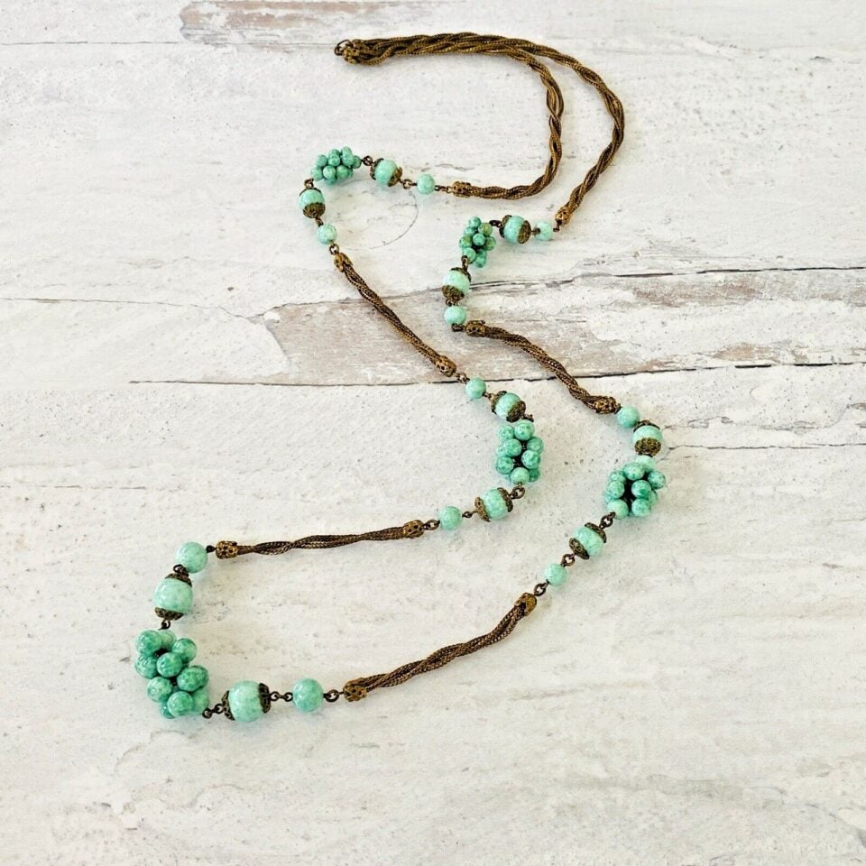 VTG Art Deco Czech Peking Jade Long Flapper Necklace Bead Cluster Stations 35"Lg